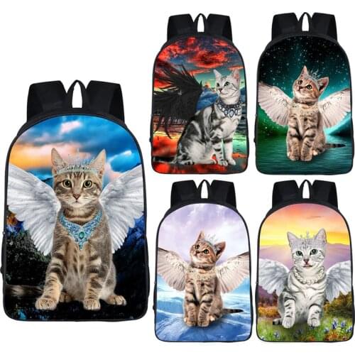 Kawaii Cat with Black White Angel Wing Backpack Children School Bags Teenager School Backpacks Girls Kitten Travel Bags Bookbags