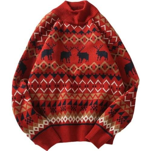 Christmas Printed Deer Sweater Fashion Men Sweater Knitwear Unisex Streetwear Jersey Pull Homme Half Turtleneck Vintage Sweater