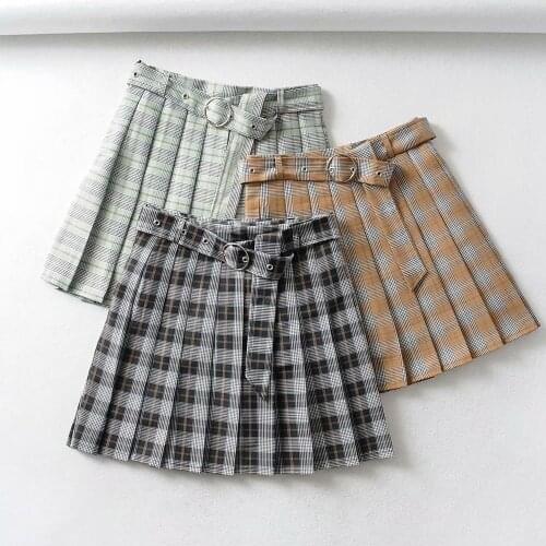 Women pleated skirt mini plaid skirts with belt