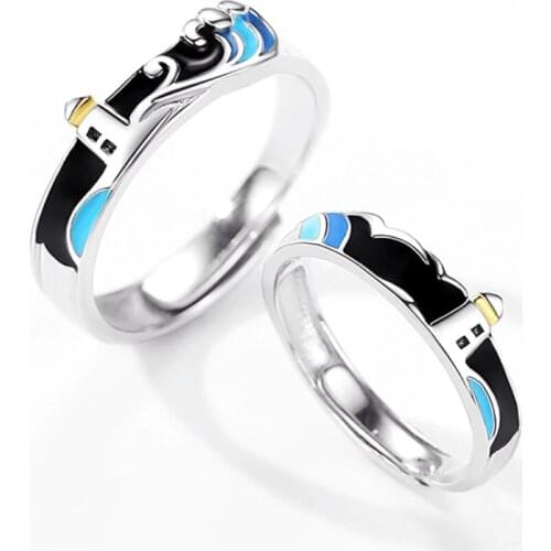 Sole Memory Watch Lighthouse Seagull Spray 925 Sterling Silver Female Resizable Opening Romantic Couple Rings SRI523