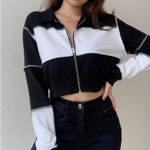 Women Autumn Color Block Zip Coat Long Sleeve Turn Down Collar Blouse Crop Top Sweatshirt Zip Up Sweaters Womens Clothing