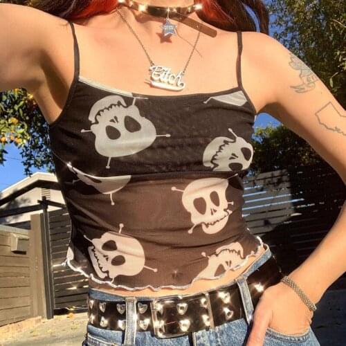 Cyber Y2k Tops See-through Personality Little Vest Lady Skeleton Head Print Mesh Spaghetti Strap Crop Tops 2021 Summer Fanshion