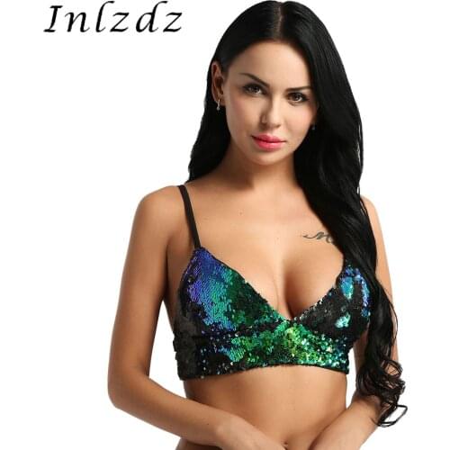 Womens Lingerie Pole Dance Top Dazzling Glittery Sequins Festival Rave Clothes Wire-free Pad Bra Top for Raves Dances Clubwear