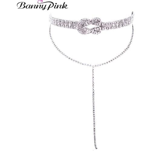 Banny Pink Luxury Knotted Rhinestone Choker Necklace Sexy Women Long Y Crystal Pendant Choker Collar Multi Rows Clavicle Collar