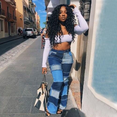 2020 Color Block High Waist Flare Jeans With Pockets 2019 Streetwear Sexy Ladies Trousers Bell Bottoms Skinny Denim Jean Pants