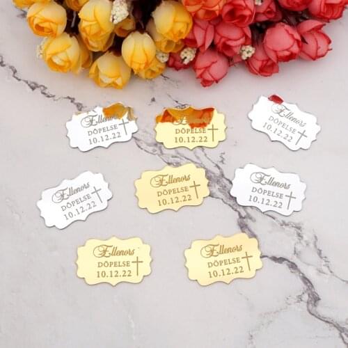 50pcs Personalized Acrylic Mirror for Baptism Custom Name with Cross Invitation Cards Birthday Party Babyshowers Guest Gifts