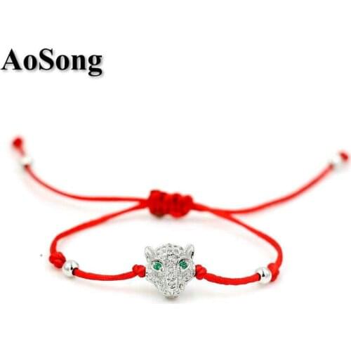 BPPCCR Lucky Micro CZ Leopard Head Green Eyes Red Rope Thread String braided Chakra Bracelets Men Women hombres mujer pulseira