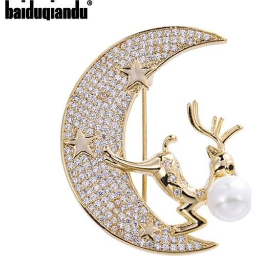 Baiduqiandu Cubic Zircon Star Moon and Donkey Brooches Pins For Women Men Gold/Silver Plated 2-color Collar Pins