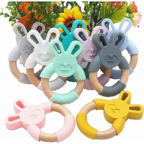 Chenkai 10PCS Rabbit Silicone Wooden Teether Baby Animal Teether For DIY Baby Nursing Chewing Teether Chain Pendant Necklace Toy