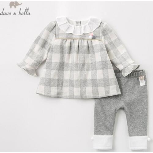 DBZ11944 dave bella autumn baby girls fashion plaid appliques clothing sets kids cute long sleeve sets children 2 pcs suit