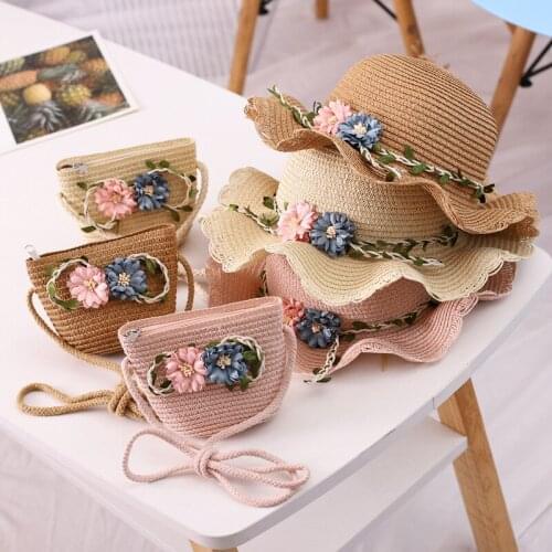 2021 New Child Summer Straw Hat Korean Sunshade Flower Panama Hat 2-6Years Female Girls Sun Hats Matching Bag Outdoor Beach Caps
