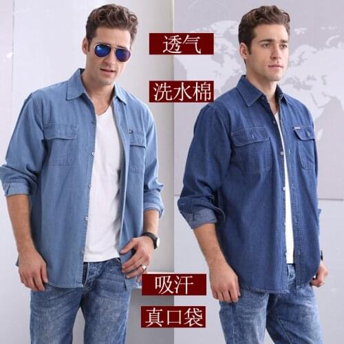 Spring Autumn Pure Cotton Denim Shirt Middle-aged Man Long Sleeve Long Sleeve Summer Short Sleeve Shirt