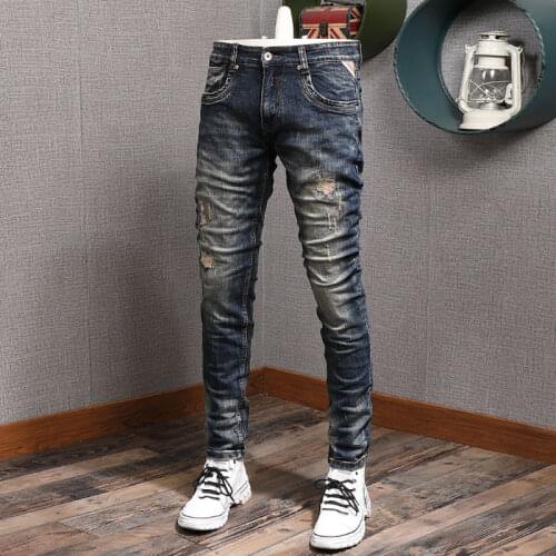 European American Vintage Fashion Men Jeans Retro Black Blue Elastic Slim Fit Ripped Jeans Men Embroidery Designer Denim Pants