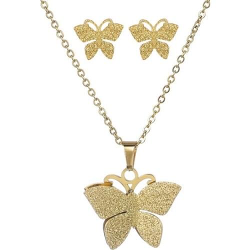 FYJS Unique Light Yellow Gold Color Stainless Steel Butterfly Pendant Necklace Stud Earrings Elegant Women Jewelry Sets