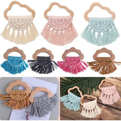 Handmade Natural Wooden Cloud Baby teether Crochet Tassel Wooden Rattle Teether Soother Molar Nursing Chewing Sensory Toy