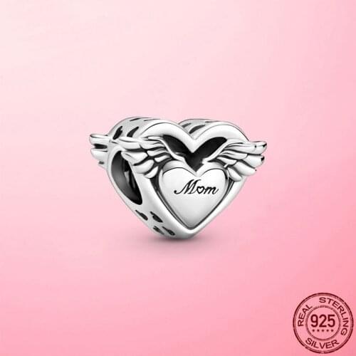 Mothers Day gift 925 sterling silver heart angel wings beads MOM charm fit Brand bracelet pendant jewelry making for women