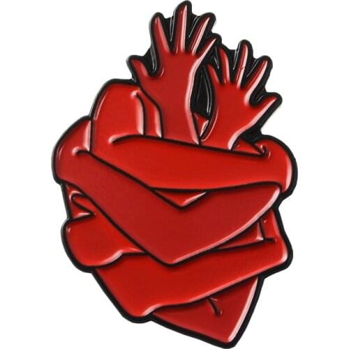 Art Heart Enamel Pins Hug Multiple Human Hand Arm Red Organ Heart Brooch Badge Denim Jeans Shirt Lapel Pin Jewelry Art Brooches