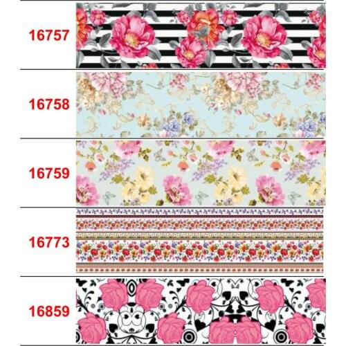 16mm-75mm Retro Flower Series Printed Grosgrain/Foe Ribbon Watercolor Sunflower Rose DIY Festival Day Hair Bowknots 50yards/roll