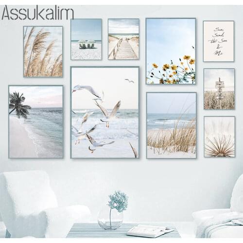 Beach Print Blue Ocean Landscape Canvas Painting Seagull Poster Flower Prints Nordic Wall Pictures For Living Room Home Decor