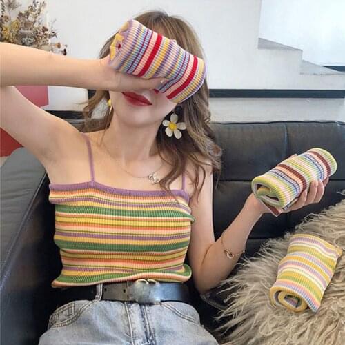 Summer Rainbow Stripe Knitting Spaghetti Strap Top Sweet Women Camisole Crop Slim Strap Shirt Female Sexy Camis Bottom Tank Tops