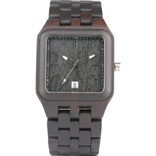 Men Watch Black Wood Watch Men Casual Square Shape Dial Creative Watches Auto Date Wooden Strap Male Clock Hour Gifts for Man