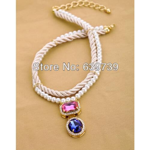 Bulk Price German Black Fabric Pink Galss Stone Necklace