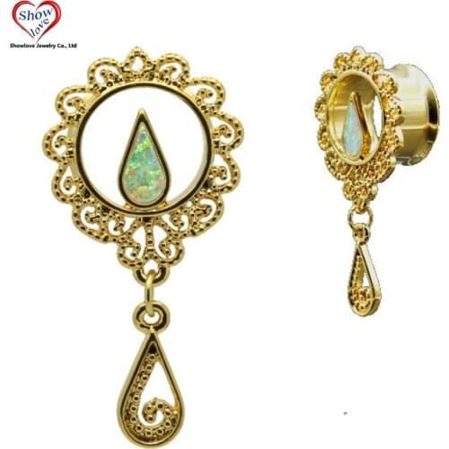 PAIR Tribal Fashion Waterdrop Dangle Fire Opal Ear Tunnel Plugs Gauges Piercing Expander Stretchers Body Jewelry