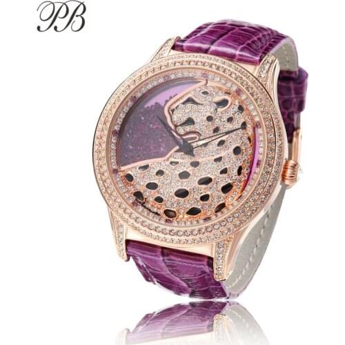 PB Rolling Crystal Cheetah Women Watch Elegant Purple Leather Watch for Women Fashion Quartz Waterproof