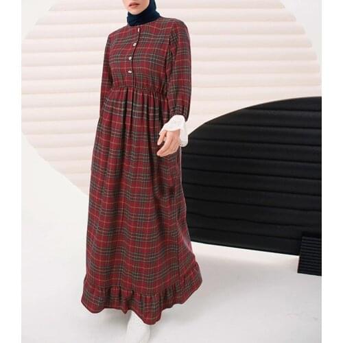 ZANZEA Women Muslim Dresses Islamic Clothing Kaftan Plaid Robe Casual Loose Dress Long Sleeve Maxi Abaya Hijab Printed Vestidos