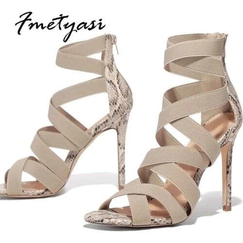 Women Sandals Stretch Fabric Snake Print Weave Super High Heels Round Peep Toe Pumps Summer Cross-tied Non Slip Comfy