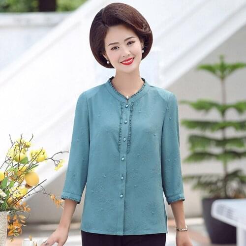 Mother Middle aged spring and autumn foreign style chiffon shirt middle-aged and old womens large size 7 / 6 sleeve shirt