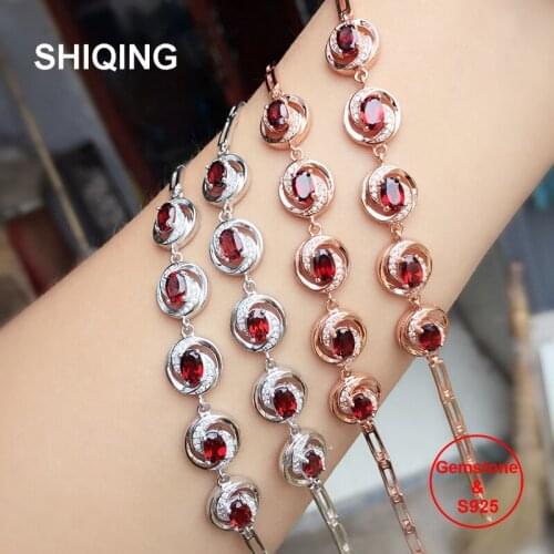 SHIQING Boutique jewelry hot selling nature garnet birthstone 925 sterling silver flower bracelet