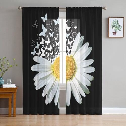 White Daisy Butterfly Flower Black Voile Tulle Sheer Curtains for Bedroom Living Room Kitchen Decor Chiffon Windows Curtain