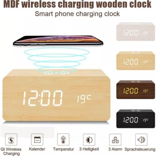 LED Electric Alarm Clock Wood Digital Desk Clock Thermometer Qi Wireless Charger Wireless Charging Pad Station With Date Display
