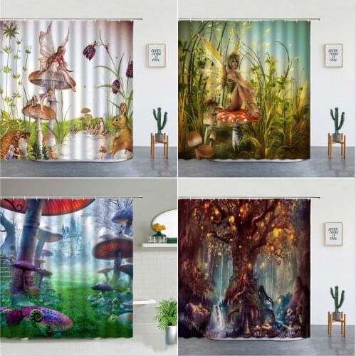 Beautiful Wing Elves Girl Shower Curtain Set Fantasy Enchanted Forest Home Bathroom Decor Mushroom Flower Plant Hanging Curtains