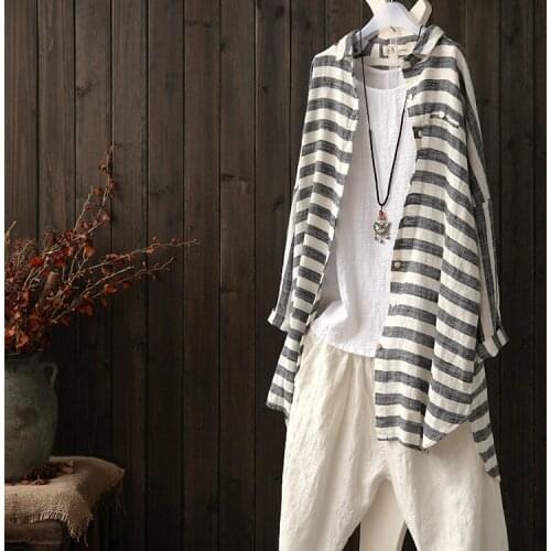 Women Autumn Striped Loose Cotton and linen Shirt Female long sleeve cardigans Jackets Ladies Blouse Sunscreen Stripe Shirts