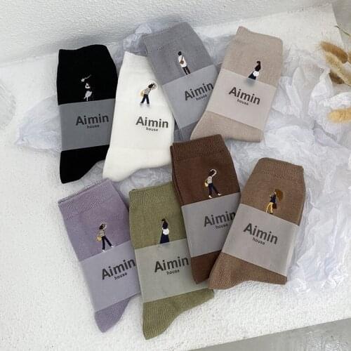 Women Cartoon Socks Cute England Style Mid-Tube Spring Cotton Socks Rib Knitted Vintage Girls Footwear