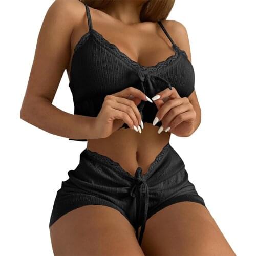 2 Piece Set For Women Summer Solid Color Black Spaghetti Strap Crop Top + Shorts Lace Ladies Clothing Set Female Outfits D30