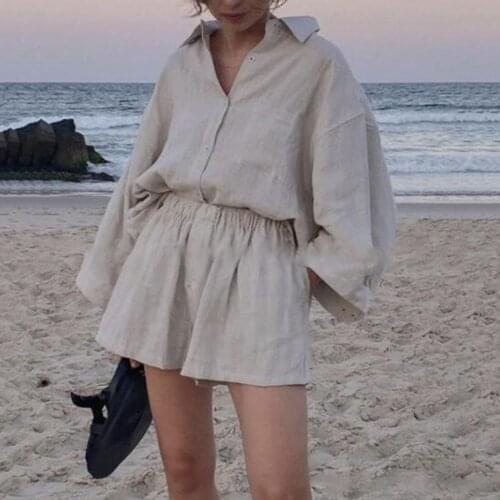 Summer Womens Two Pieces Set 2021 New Casual Loose Long Sleeve Shirt Shorts Set Vintage Oversized Top Female Beach Wear