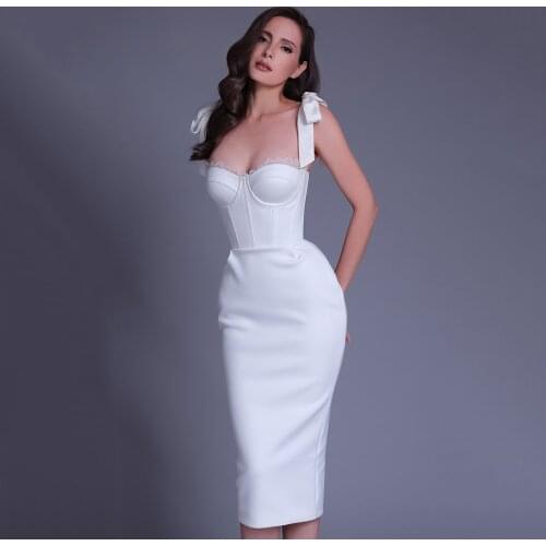 Womens autumn 2021 new white tight dress lace bow suspenders sexy fashion Kylie Jenner midi club party boutique dress