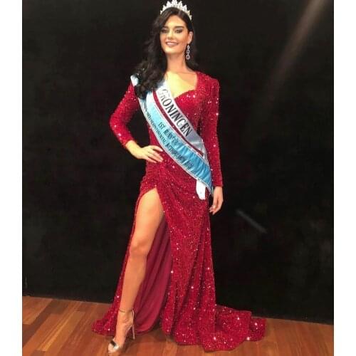 Elegant Long Sleeve Sequin Evening Dresses with Slit Mermaid Zipper Back Sweep Train Robes De Mariée Party Gowns For Women