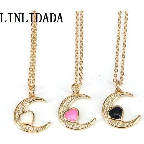10Pcs CZ Micro Pave Enamel Heart With Cresent Moon Pendant/Charm, Fashion Jewelry Charms Necklaces
