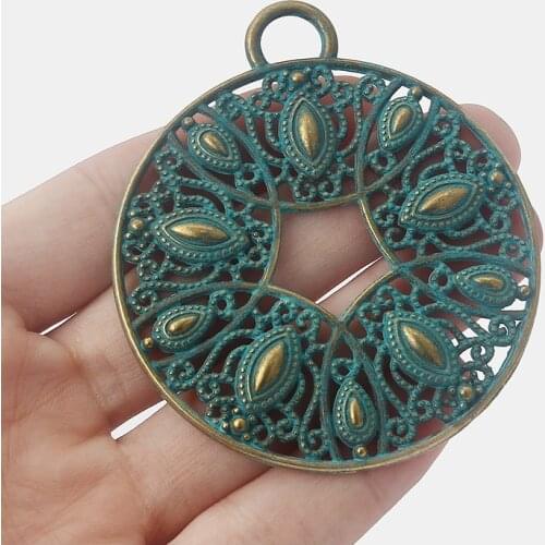 2PCS Antique Bronze Greek Patina Large Round Hollow Filigree Peacock Feather Charms Pendants for Necklace Making Jewelry Finding