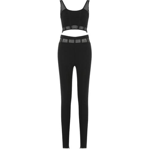 2021 New Women Sets Suit Elegant Party Club Celebrity Bandage Crop Tops Long Pants Mesh Sleeveless 2 Piece Set