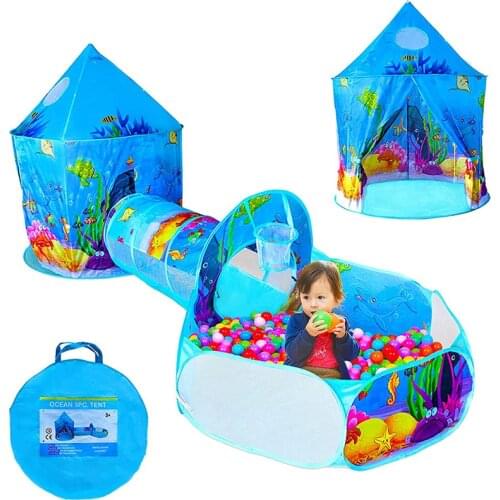 3pc Ocean World Kids Play Tent 3 In 1 Indoor Playhouse Childrens Tent Tunnel Ball Pit with Basketball Hoop Toddlers Play Castle