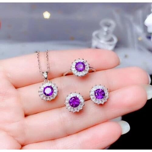 5mm Natural Amethyst Ring Earrings Pendant Set Fashion Amethyst Jewelry Set for Young Girl 925 Silver Amethyst Jewelry