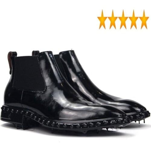 Men Designer Brand Chelsea Rivet Pointed Toe Punk Genuine Leather Cowhide Ankle Shoes High Quality Black Dress Boots 34-45
