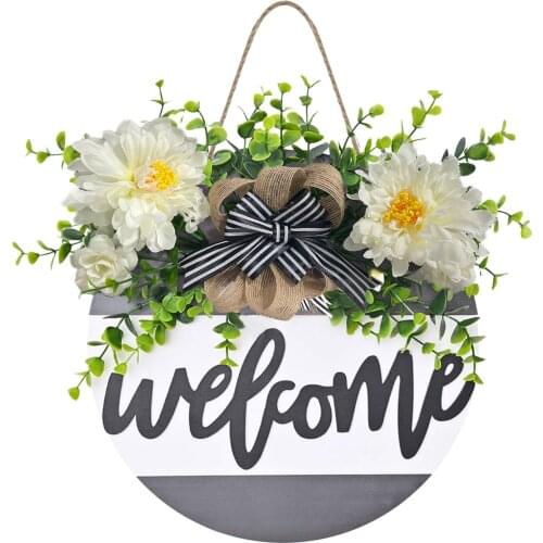 Door Welcome Wreath Hanging Ornament Round Wooden Pendant Hello Door Decor Sign Artificial Flower Garland Home Diy Decoration
