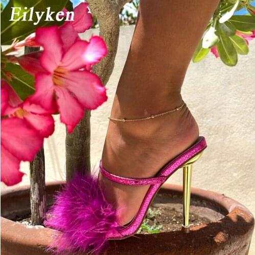 Eilyken Summer New Sexy Pointed Toe Furry Slippers Ladies Sandals Fashion Design Metal Heel Women Mules Shoes High Heels Slides
