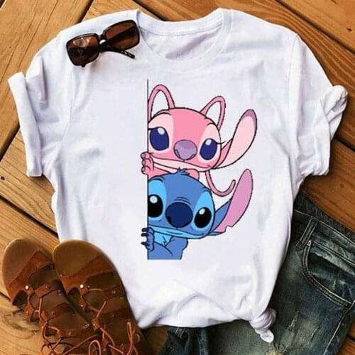 Disney Lilo Stitch Cartoon T-shirts Tops for Women Lady S-3XL Summer Female T-shirts White O-neck Ohana Stitch Hot Tees T-shirts